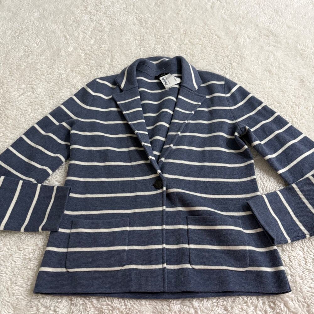 Talbots Womens Blue Striped Knit Blazer Cardigan Cotton XS Preppy Teacher Office